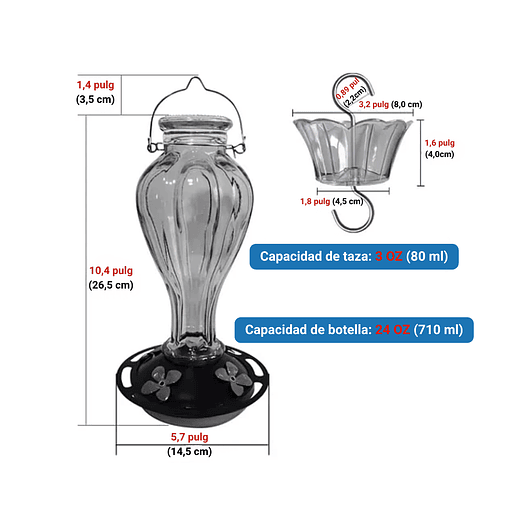 Bebedero De Colibríes Colgante 24 Oz Vidrio Vintage 19