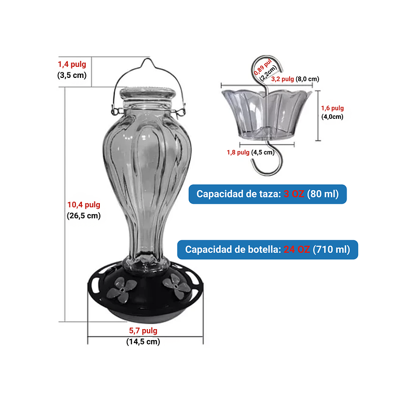Bebedero De Colibríes Colgante 24 Oz Vidrio Vintage 19