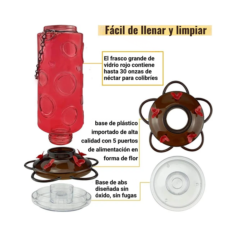 Bebedero Colibríes Vidrio Rojo 900mL 3