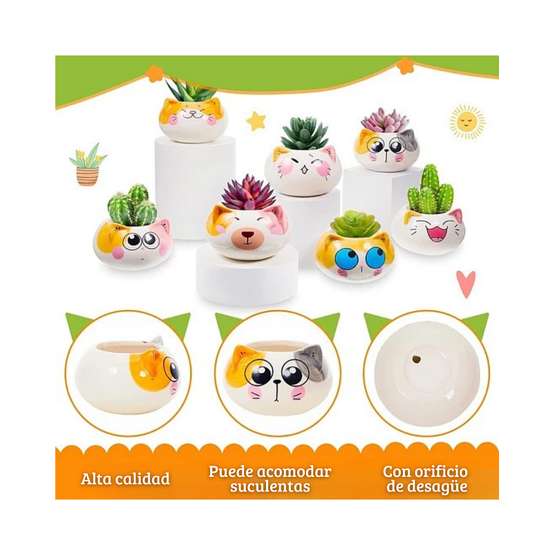 Juego Macetas x8 Unidades Cerámica Diseño Gatos 3