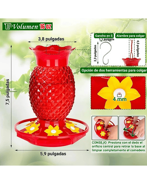 Bebedero Colibrí 16oz Diseño Piña Rojo Jardín Exterior
