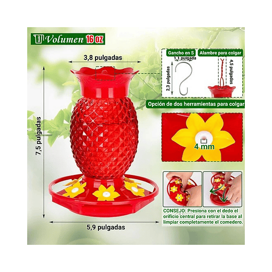 Bebedero Colibrí 16oz Diseño Piña Rojo Jardín Exterior 2