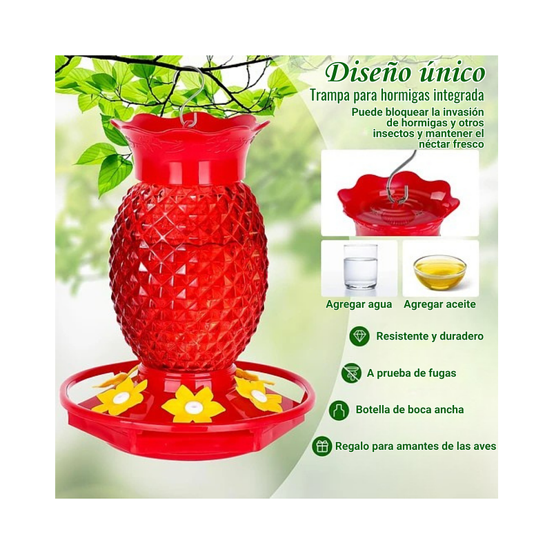 Bebedero Colibrí 16oz Diseño Piña Rojo Jardín Exterior 5