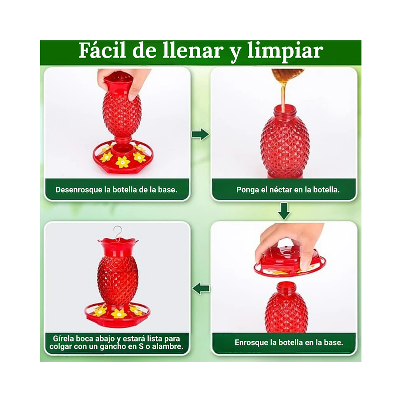 Bebedero Colibrí 16oz Diseño Piña Rojo Jardín Exterior x2 unidades 3