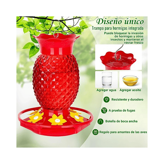 Bebedero Colibrí 16oz Diseño Piña Rojo Jardín Exterior x2 unidades 5