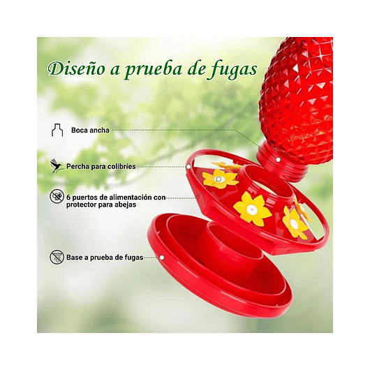 Bebedero Colibrí 16oz Diseño Piña Rojo Jardín Exterior x2 unidades 6