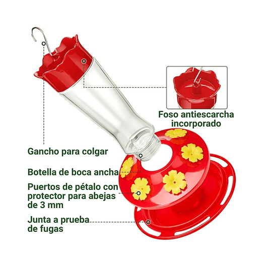 Bebedero Colibríes 01 Unid Aves Colgante Vidrio x6 Flores 4