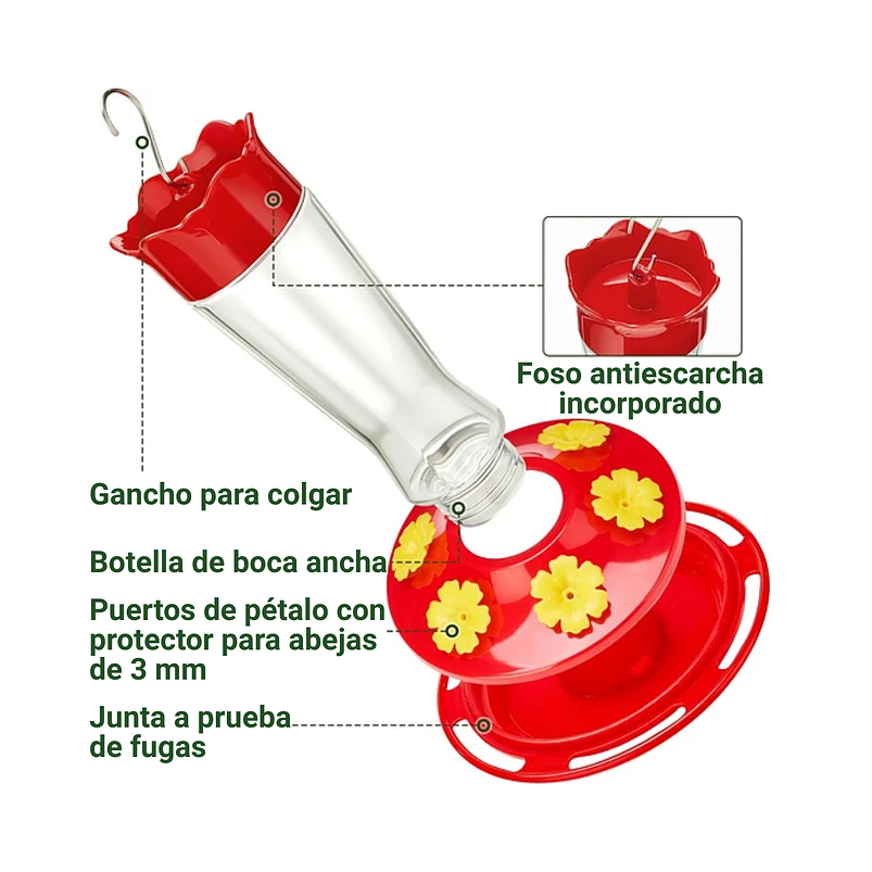 Bebedero Colibríes 01 Unid Aves Colgante Vidrio x6 Flores 4