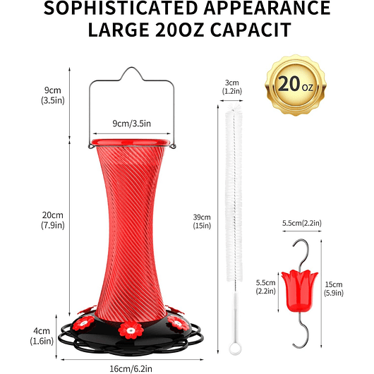 Bebedero Colgante De Vidrio Para Colibríes 20oz 10