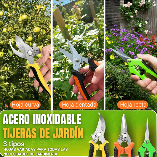 Juego De 3 Tijeras de Jardineria Poda Huerto y Cultivo en Acero Inoxidable 11