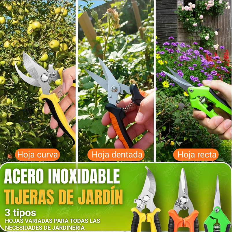 Juego De 3 Tijeras de Jardineria Poda Huerto y Cultivo en Acero Inoxidable 11
