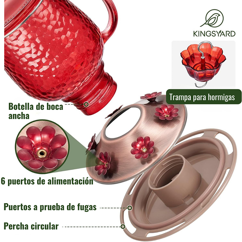 Bebedero Aves Colibríes x475ml Botella en Vidrio y 6 Puertos Alimentacion 6