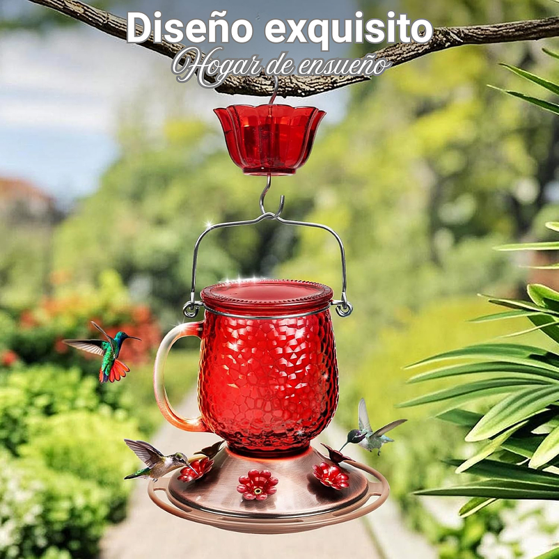 Bebedero Aves Colibríes x475ml Botella en Vidrio y 6 Puertos Alimentacion 7