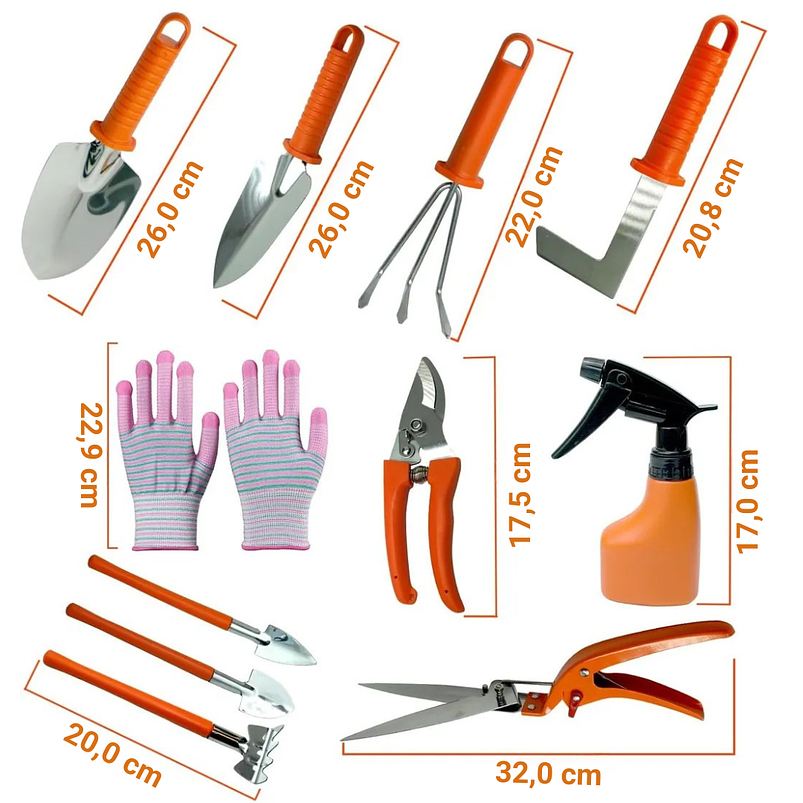 Kit Herramientas Jardinería Plantas x10 Piezas En Acero Más estuche 18