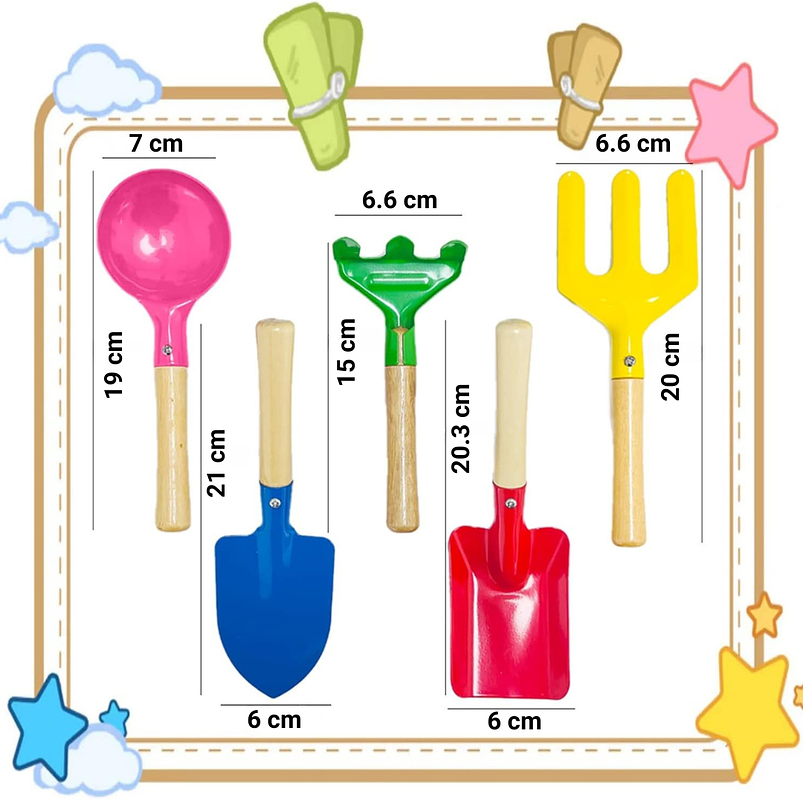 Juego Herramientas Jardinería Para Niños Metal Madera x5 Piezas 2