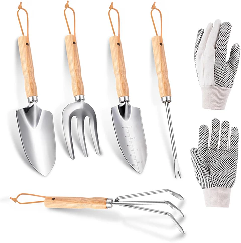 Kit Herramientas De Jardinería Premium x5 Piezas Con Guantes  En Acero Inox
