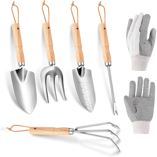 Kit Herramientas De Jardinería x5 Piezas Con Guantes Acero Inox 1