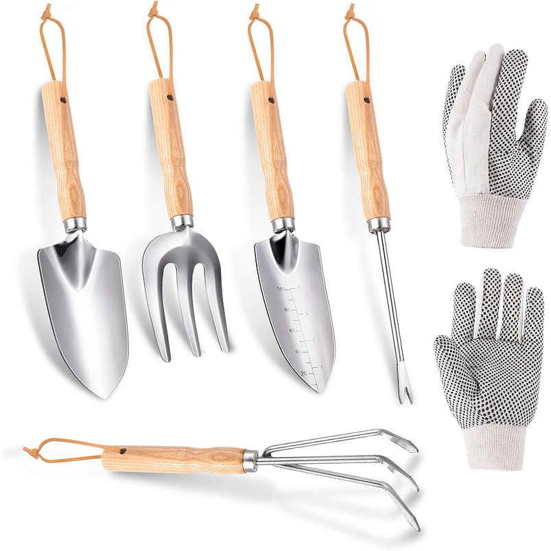 Kit Herramientas De Jardinería x5 Piezas Con Guantes Acero Inox 1