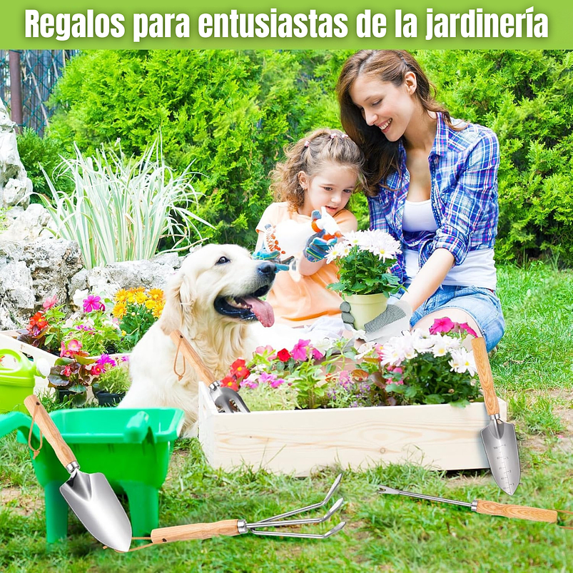 Kit Herramientas De Jardinería x5 Piezas Con Guantes Acero Inox 6