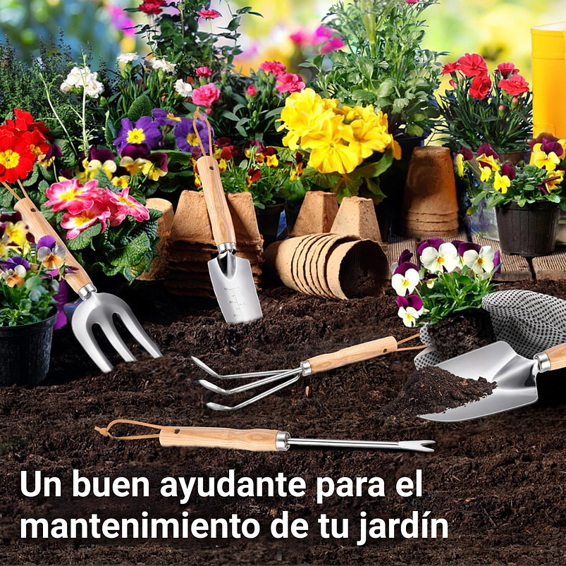 Kit Herramientas De Jardinería x5 Piezas Con Guantes Acero Inox 7