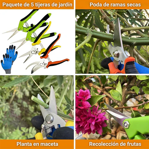 Kit Tijeras De Podar Jardinería Huerto y Cultivo x5 Und + Guantes Incluidos