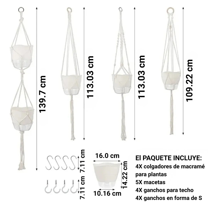 Juego Macetas x5 Unidades Auto Riego Más 4 Macramé 4