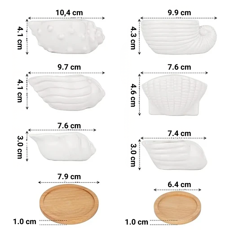 Juego De Macetas x6 Cerámica Conchas De Mar Más Plato En Bambú 3