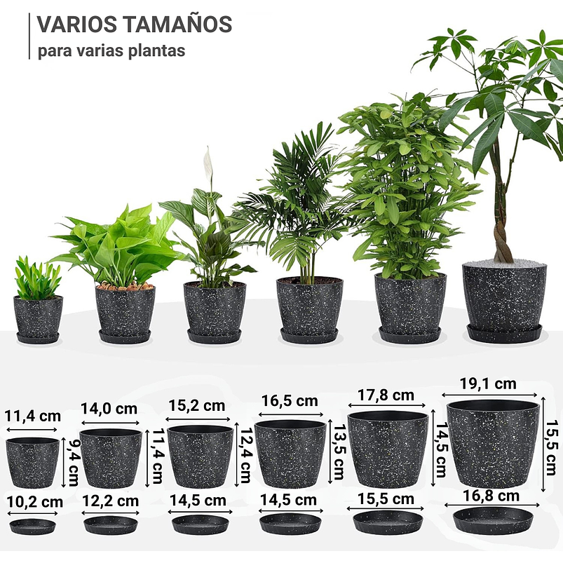 Juego Maceta Decorativa x6 Unidades Tamaño Escala Más plato Moteada 14