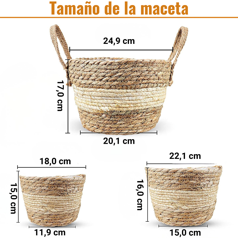 3 Macetas Fibra Natural Más Macramé Colgar Multitamaño 3
