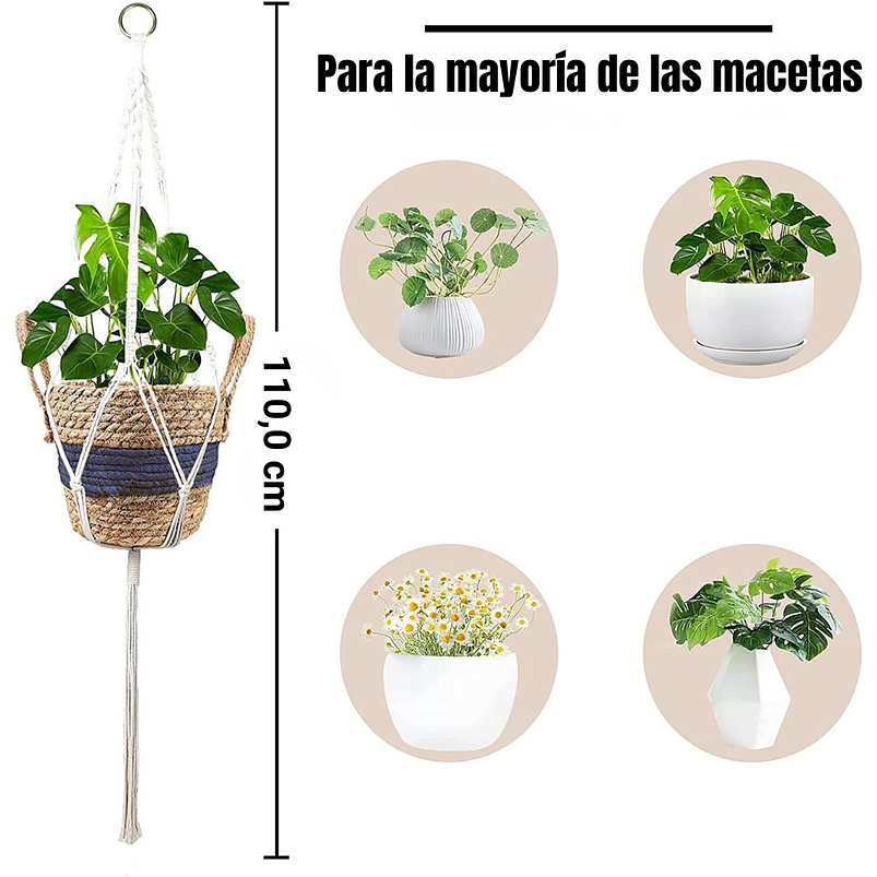 3 Macetas Fibra Natural Más Macramé Colgar Multitamaño 2