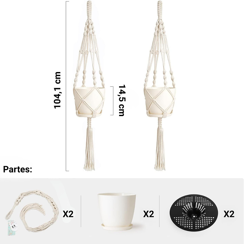 Juego Macetas Plásticas x2 Más macramé x2 Unidades Premium 4