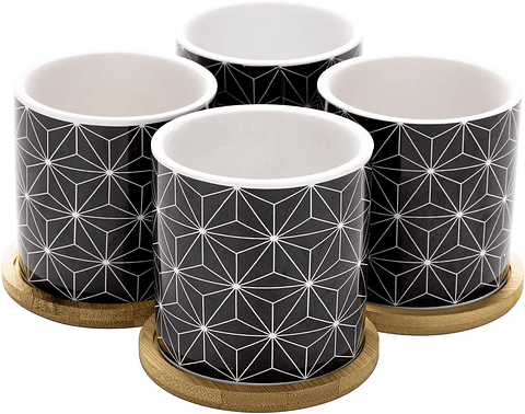 Juego Macetas Cerámica Fina x4 Unidades Más plato Bambú Suculentas