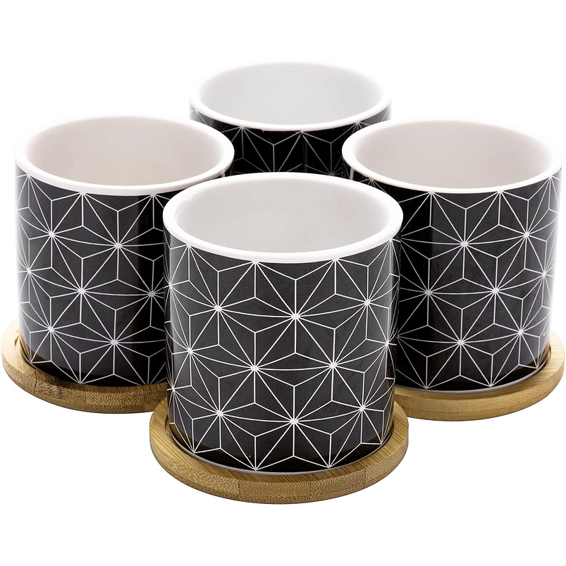 Juego Macetas Cerámica Fina x4 Unidades Más plato Bambú Suculentas 1