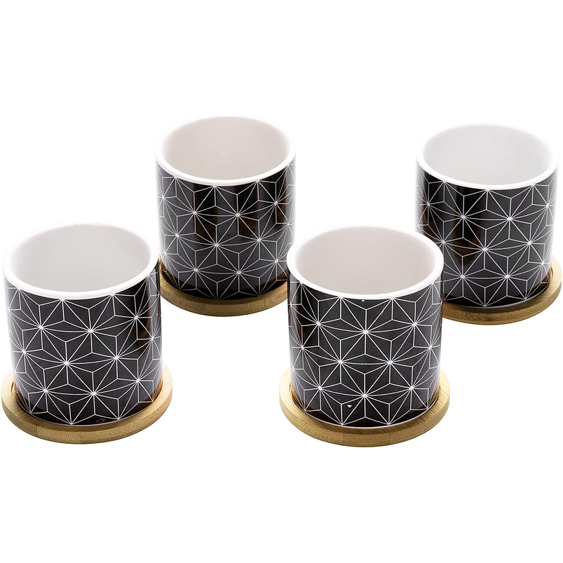 Juego Macetas Cerámica Fina x4 Unidades Más plato Bambú Suculentas 5