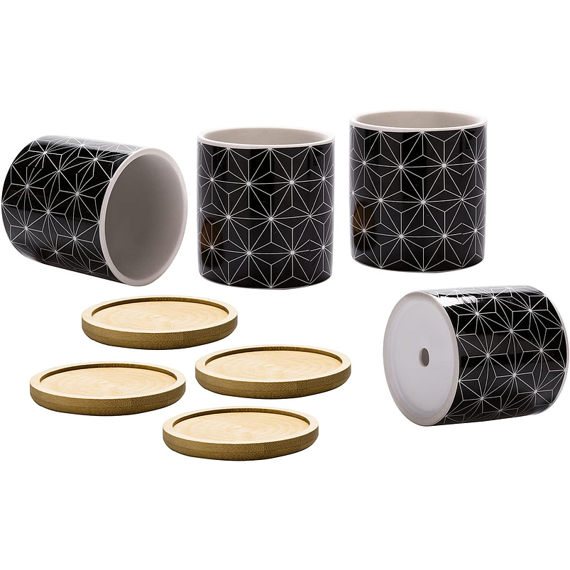 Juego Macetas Cerámica Fina x4 Unidades Más plato Bambú Suculentas 7