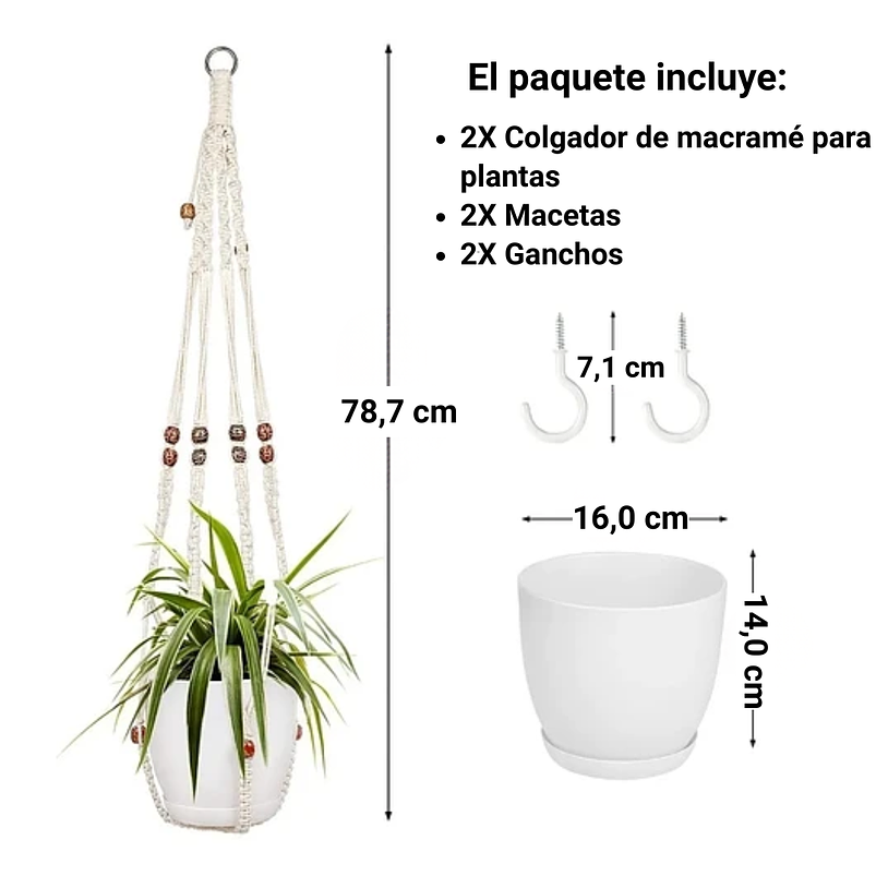 Juego De Macetas Macramé x2 Piezas Más 2 Plásticas y gancho 4