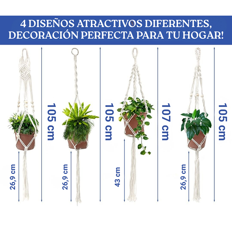 Soporte Colgante Para Plantas x4 Unidades En Macramé Más Gancho 2