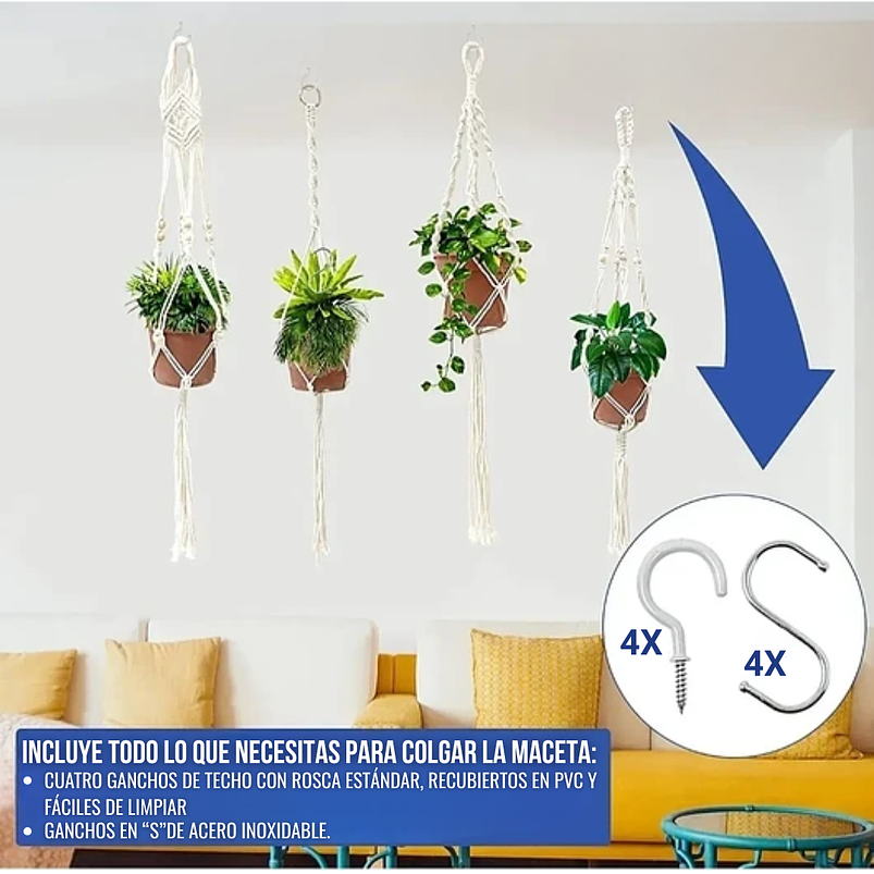 Soporte Colgante Para Plantas x4 Unidades En Macramé Más Gancho 7