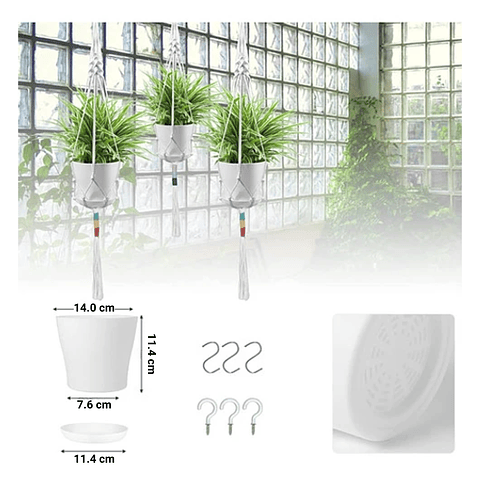 Juego Macetas Plástica x3 Unidades más 3 Macramé Colgar 91cm Largo