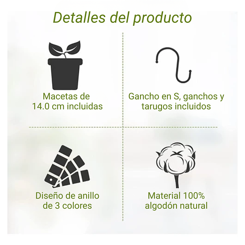 Juego Macetas Plástica x3 Unidades más 3 Macramé Colgar 91cm Largo 3
