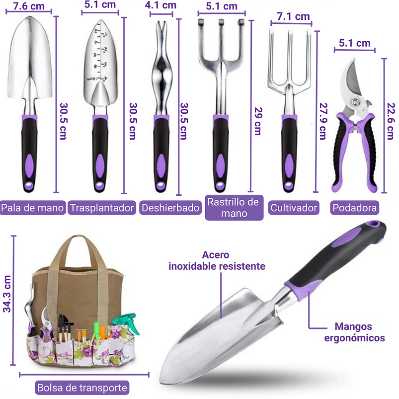 Kit Full Herramientas Jardín Siembra x62 piezas Aluminio más Bolso 5