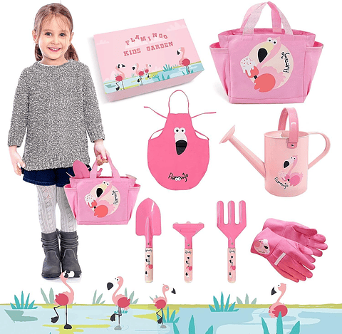 Kit Herramientas De Jardinería Para Niñas Flamingo Rosa
