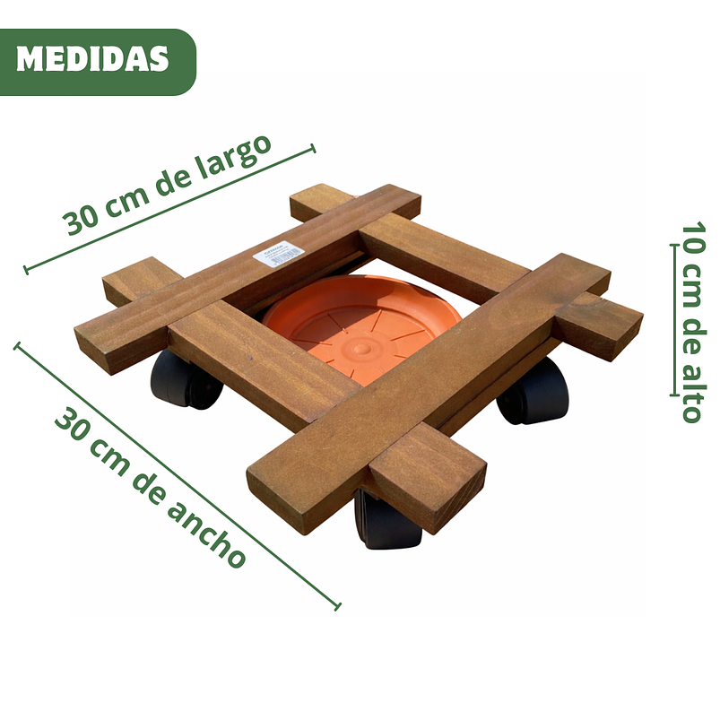 Base Para Maceta Madera Inmunizada 30x30cm Más plato y Rodachin 3