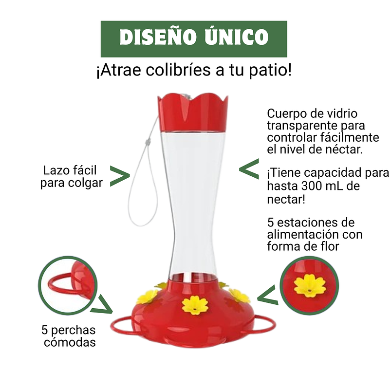 Bebedero Colibríes En Vidrio De Colgar 10 Oz X5 Flores 5