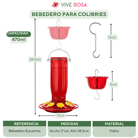 Bebedero Premiun De Aves Colibries en Vidrio Colgante 8 Puertos de Alimentacion