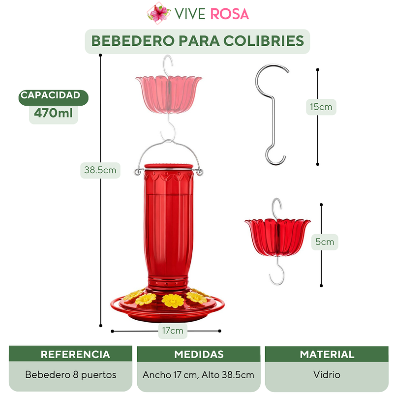 Bebedero De Colibries Vidrio Para Colgar De 8 Puertos 2