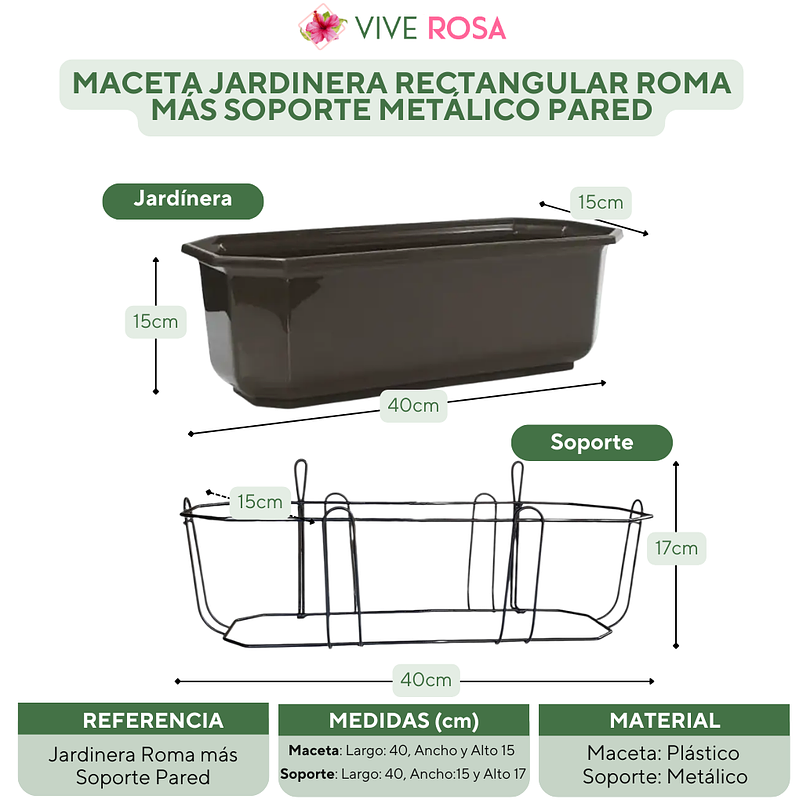 Maceta Jardinera Rectangular Roma Más Soporte Metálico Pared 5
