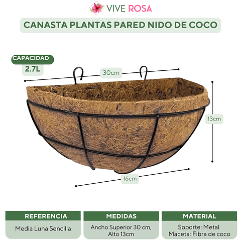 Canasta Plantas Pared Más Nido Coco x30cm Largo Media Luna
