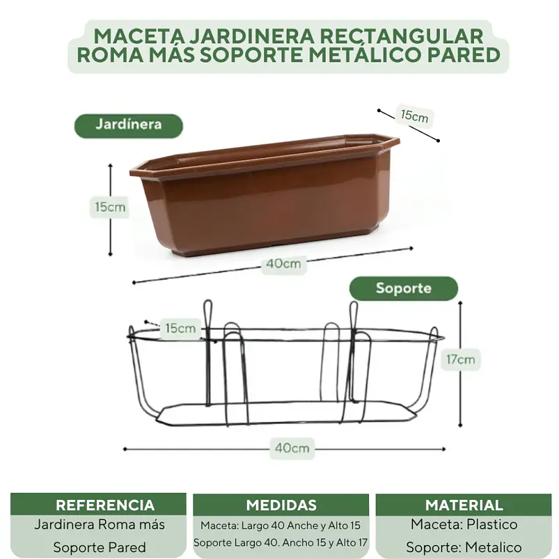 Maceta Jardinera Rectangular Roma Más Soporte Metálico Pared 10