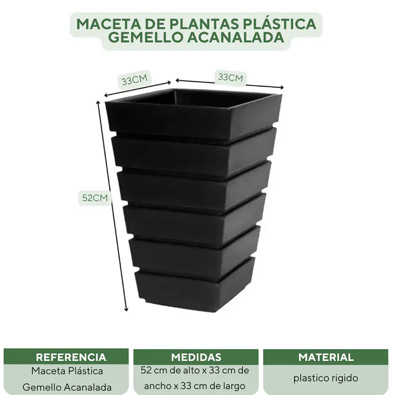 Maceta De Plantas Plástica Gemello Acanalada 33*33*52cm Alto 7